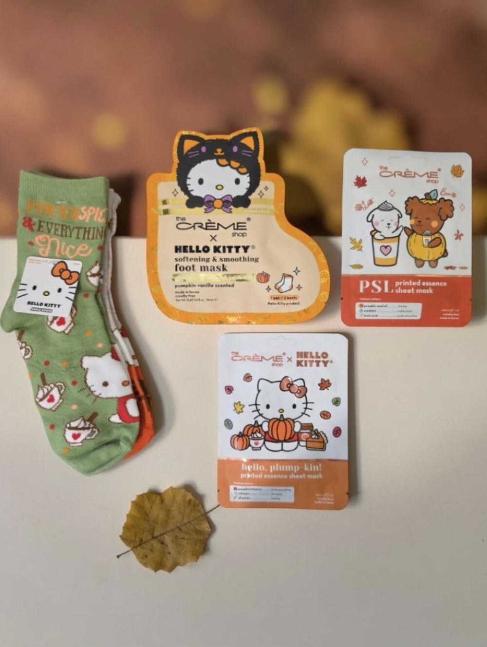 NWT Hello Kitty Fall Socks & Green & Orange Foot Mask and Sheet Mask Set